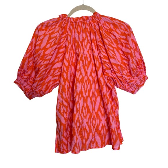 Cleobella Red Pink Ikat Print Ruffle Neck Puff Sleeve Blouse Top XS - Picture 8 of 8